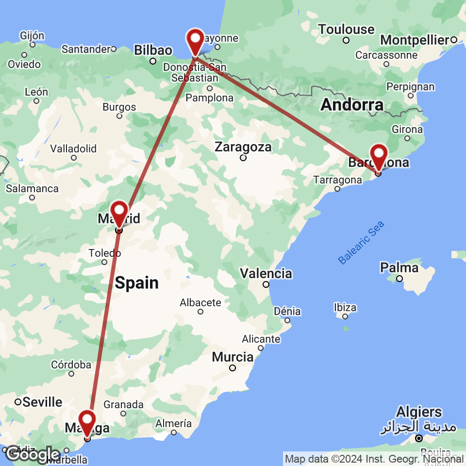 Route for Barcelona, San Sebastian, Madrid, Malaga tour